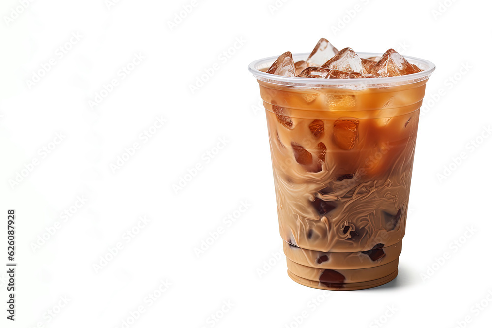Iced coffee in plastic takeaway glass isolated on white background with copy space Iced coffee in plastic takeaway glass isolated on white background with copy space