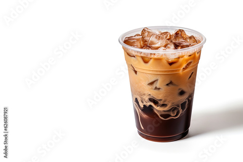 Iced coffee in plastic takeaway glass isolated on white background with copy space