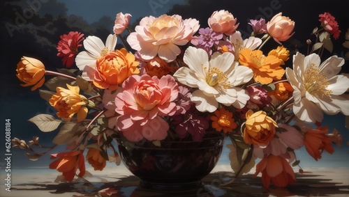 flowers in vase, flowers in old frame, colorful flowers, old decoration, Generative AI