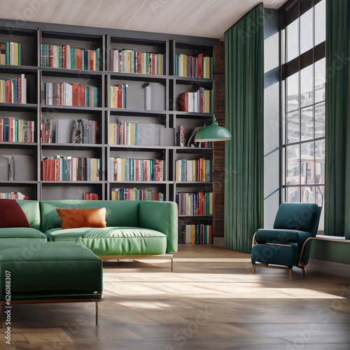 Modern room big window with sofa colored bookshelf background. © Waypixel
