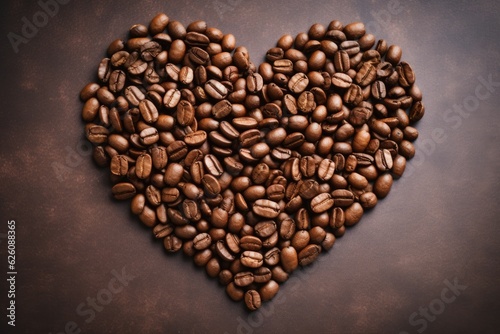 Fresh roasted coffee beans closeup on dark brown background. Shape of a heart. Black and brown beans. Love coffee concept. Top view, flat lay