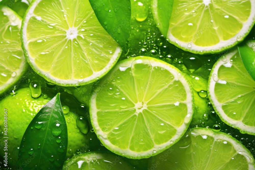 Slices of fresh juicy green lemons. Lime fruit cut texture. Citrus section pattern. Vibrant color summer design. Flat lay, top view Slices of fresh juicy green lemons. Lime fruit cut texture. Citrus section pattern. Vibrant color summer design. Flat lay, top view