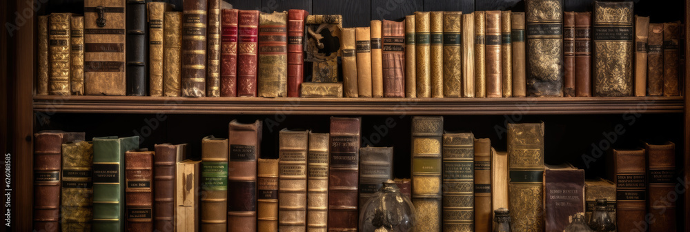 Old books on wooden bookshelves in a library. Generative AI Old books on wooden bookshelves in a library. Generative AI