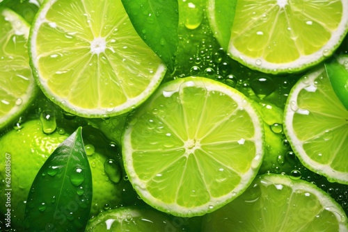 Slices of fresh juicy green lemons. Lime fruit cut texture. Citrus section pattern. Vibrant color summer design. Flat lay, top view © ratatosk