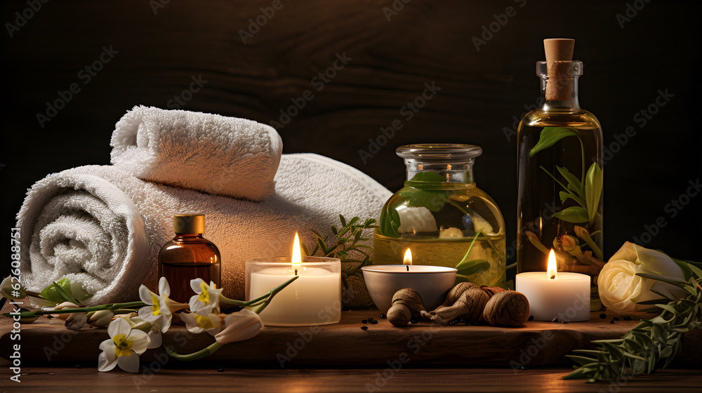 SPA-salon: candles, aromatic oil, towels. Generative AI