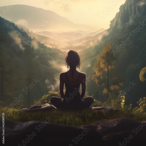 Woman Meditating On Mountain Art Graphic