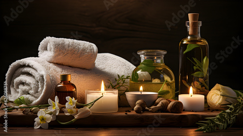 SPA-salon: candles, aromatic oil, towels. Generative AI