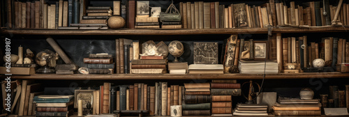 Old books on wooden bookshelves in a library. Generative AI
