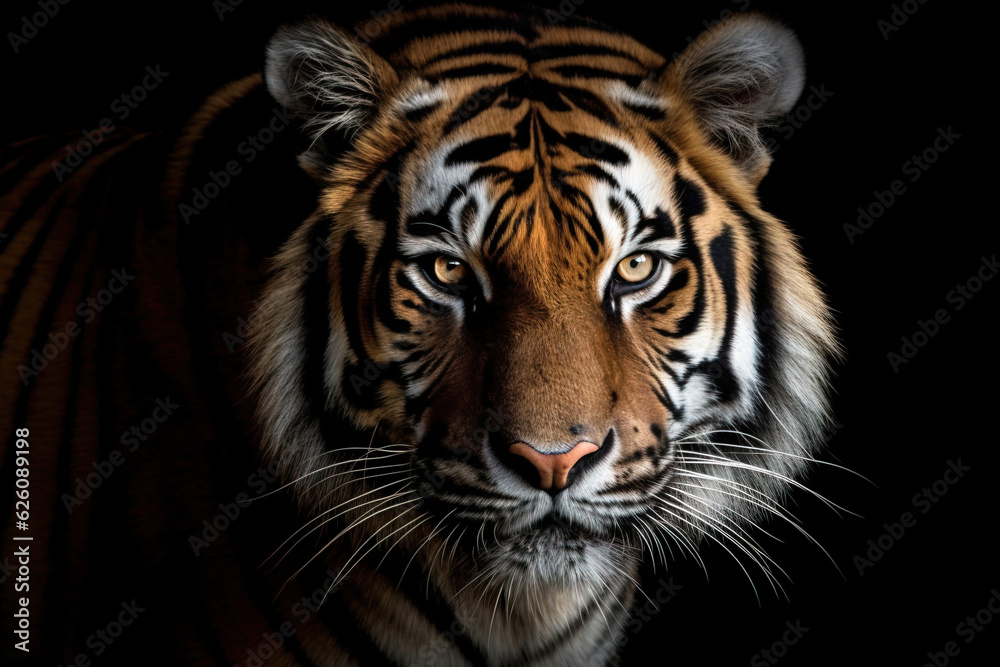Close-up of a tiger's face on a black background. Horizontal studio photograph