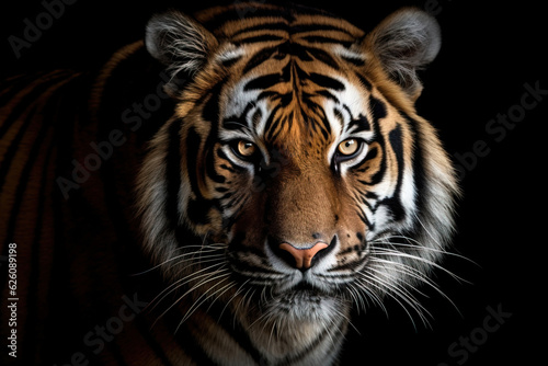 Close-up of a tiger s face on a black background. Horizontal studio photograph