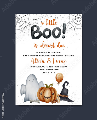 Baby shower invitation card with halloween theme watercolor template background