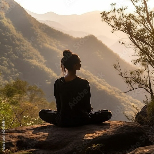 Woman Meditating On Mountain Rock Art Graphic