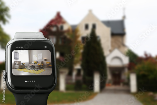 Home security system. Modern smartwatch with image of room through CCTV camera on display against house, collage design
