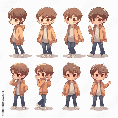 Brown-clothed little boy, vector illustration, multipose. photo