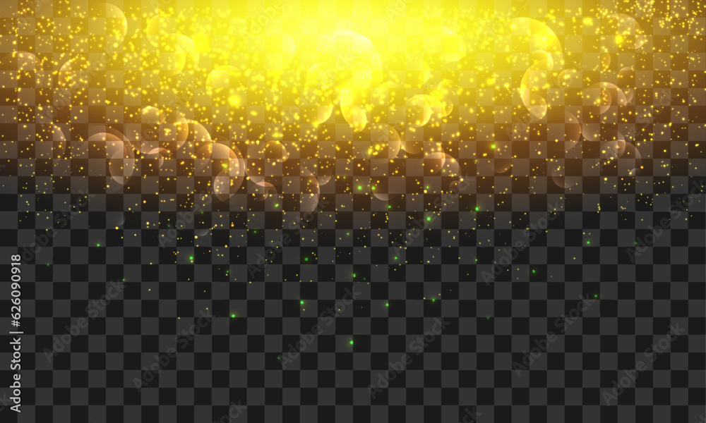 Vector effect lights bokeh on a transparent background. Gold glares with flying glowing magical dust