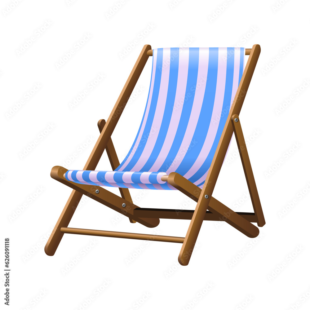 Vector isolated deck chair on white background. wooden deck chairs with white and blue stripes