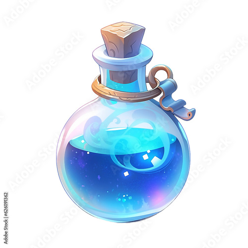 Azure mana potion game asset. isolated object, transparent background