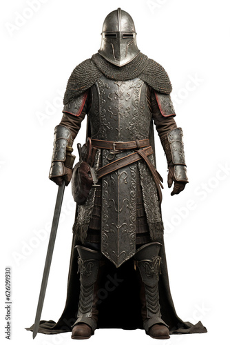 Crusader knight with chainmail coif and helmet. isolated object, transparent background photo