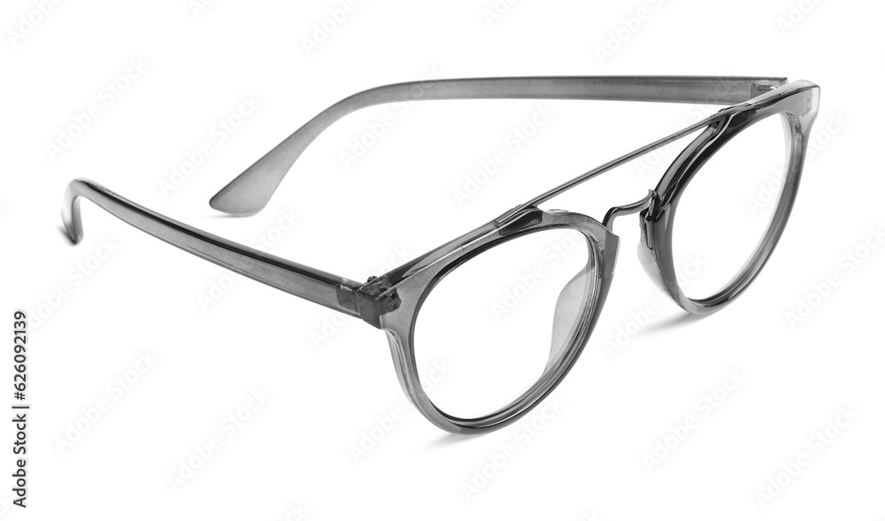 Stylish glasses with grey frame isolated on white Stylish glasses with grey frame isolated on white