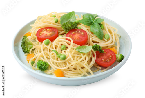 Plate of delicious pasta primavera isolated on white