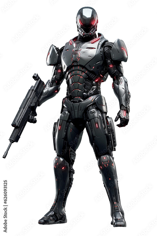 Cyborg with visor holding a high-tech weapon. isolated object, transparent background