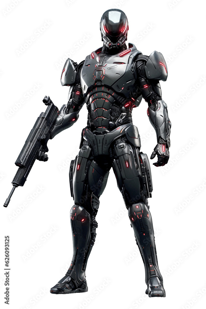 Cyborg with visor holding a high-tech weapon. isolated object, transparent background Cyborg with visor holding a high-tech weapon. isolated object, transparent background