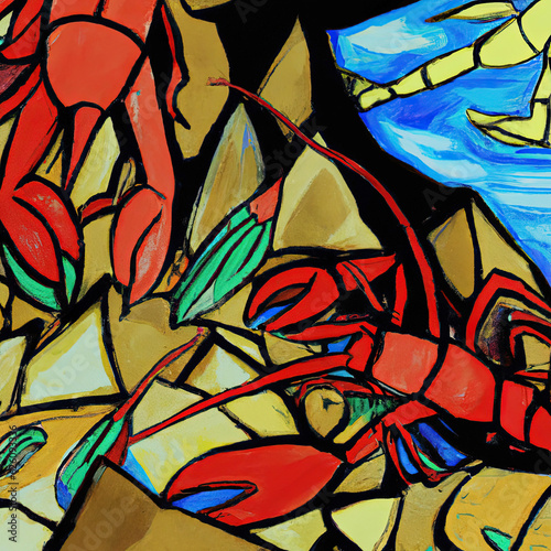 Cubist painting of lobsters on the ocean floor