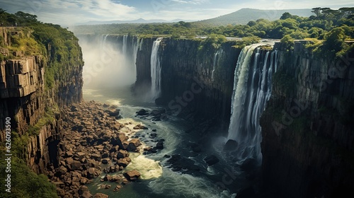 Waterfall Between High Cliffs Accompanied by Natural Wonders"