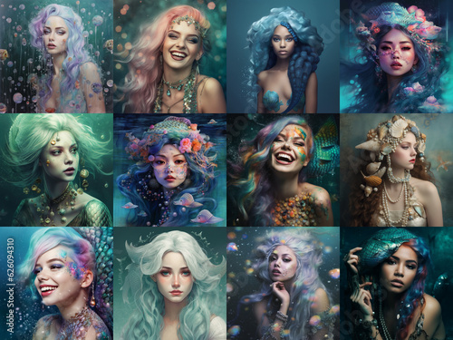 Collage set of fantasy portraits of beautiful mermaid girls