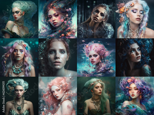 Collage set of fantasy portraits of beautiful mermaid girls © mashimara