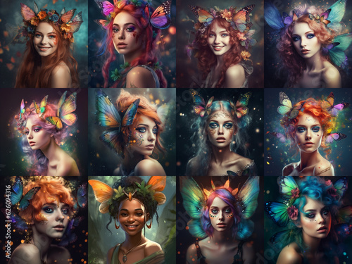 Set of fantasy fairy portraits, colorful girls with butterfly wings, avatars © mashimara