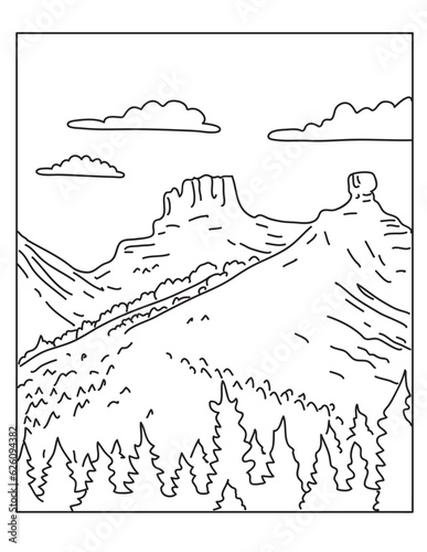 Mono line illustration of Chimney Rock National Monument in San Juan National Forest in southwestern Colorado done in monoline line art style. photo