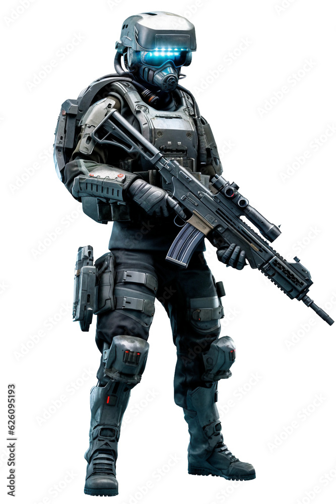 Future soldier with high-tech helmet. isolated object, transparent background Future soldier with high-tech helmet. isolated object, transparent background