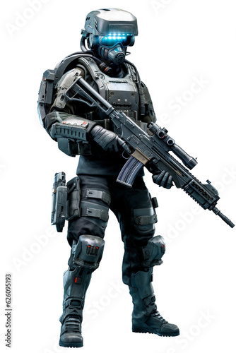 Future soldier with high-tech helmet. isolated object, transparent background
