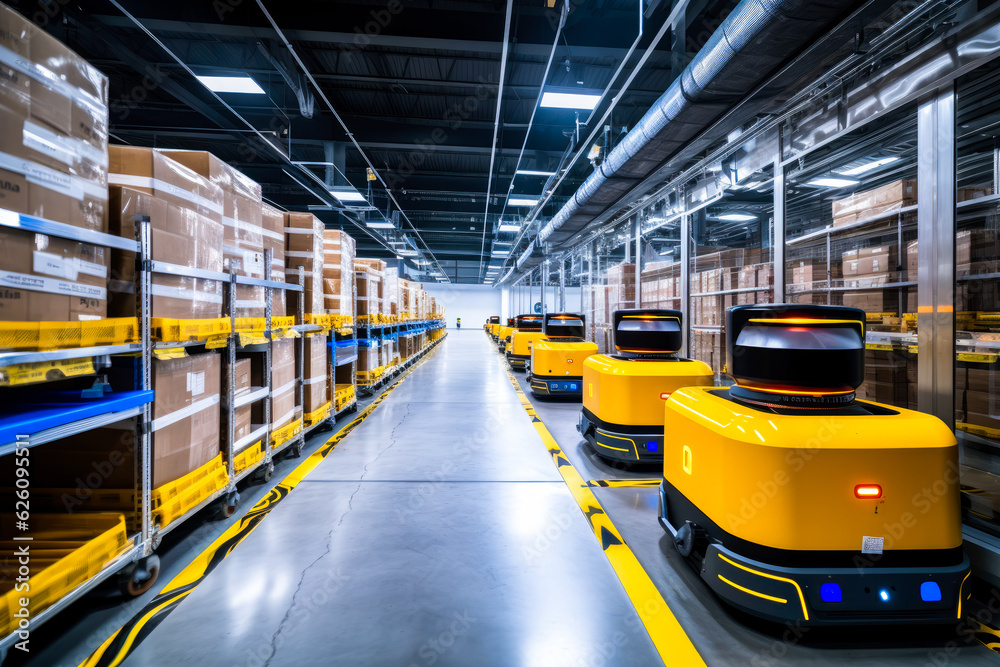 Modern high tech innovative warehouse logistics displayed through automation, robotics and artificial intelligence, defining the future of industry.