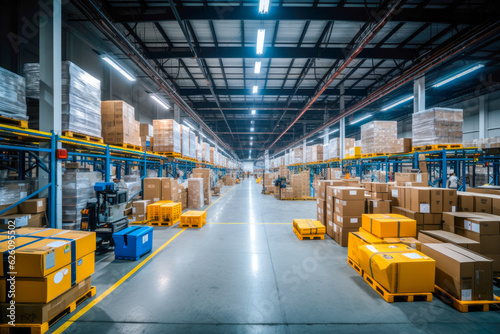Modern high tech innovative warehouse logistics displayed through automation, robotics and artificial intelligence, defining the future of industry.