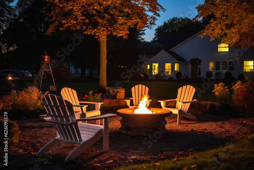 Outdoor fire pit in the backyard, with lawn chairs seating on a late summer or autumn night