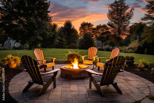 Outdoor fire pit in the backyard, with lawn chairs seating on a late summer or a Fototapet