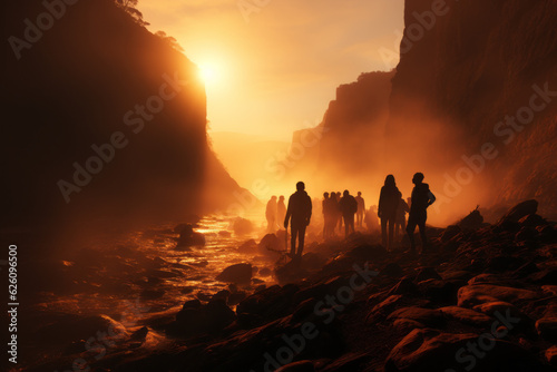silhouettes of tourists Embracing the Misty Sunrise © Michael