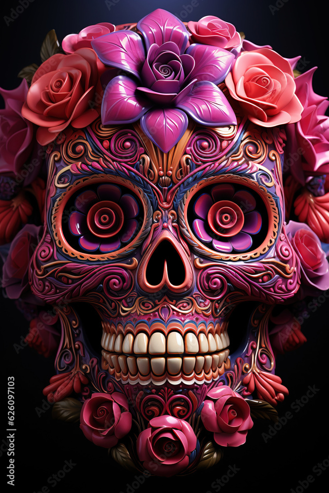 Illustration of a skull or human cranium with colorful flower decorations on a black background Illustration of a skull or human cranium with colorful flower decorations on a black background