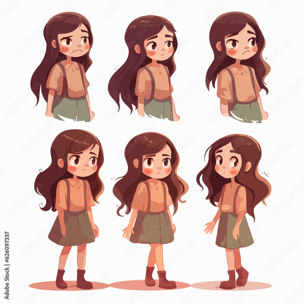Brown clothed cartoon child, cute girl, multipose. Brown clothed cartoon child, cute girl, multipose.