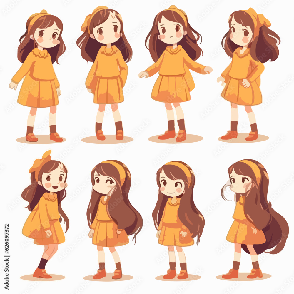 Gold-clothed little girl, vector illustration, multipose. Gold-clothed little girl, vector illustration, multipose.