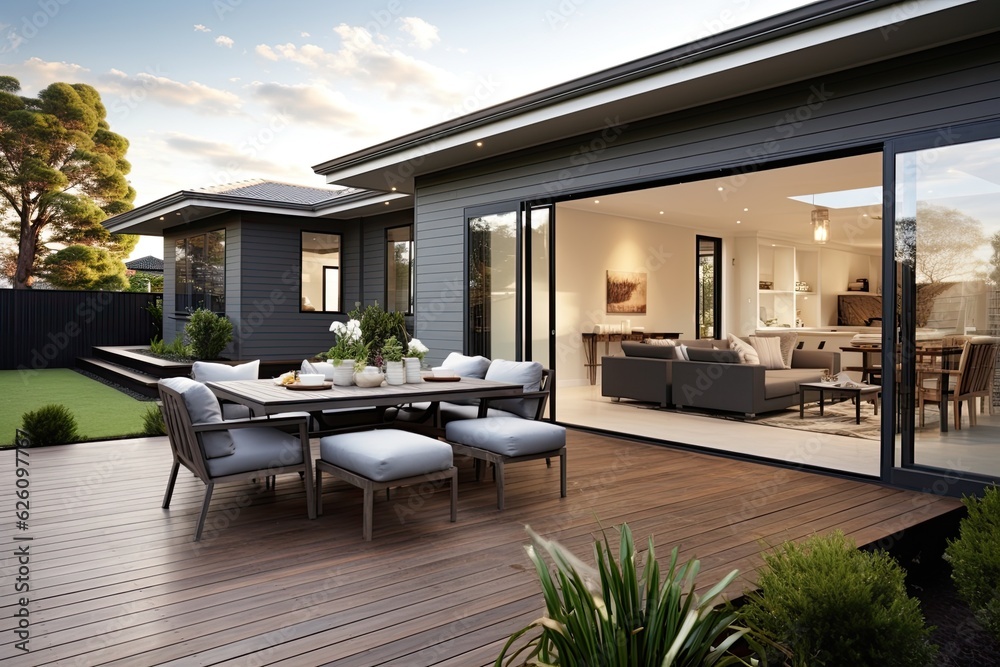 The new home features a deck and lawn that are perfect for outdoor entertaining.