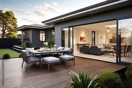 Fotografering The new home features a deck and lawn that are perfect for outdoor entertaining