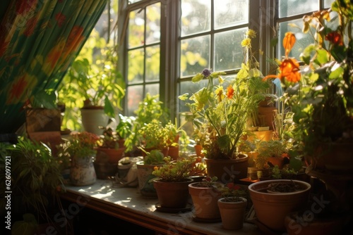 The potted plants on the windowsill in my home are illuminated by the rays of the sun.