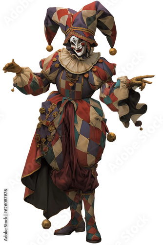 Masked harlequin jester in full regalia full body. isolated object, transparent background