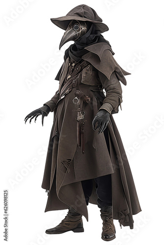Masked plague doctor from the 17th century full body . isolated object, transparent background