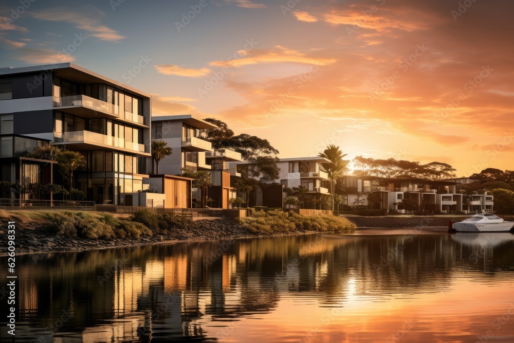 The sun setting over opulent residences in the suburb of Varsity Lakes on Australia's Gold Coast.
