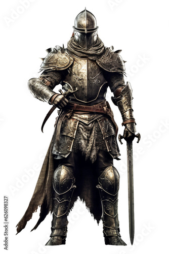 Fotografia Medieval knight with helmet holding a sword and shield