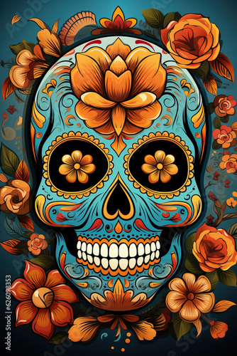 Illustration of a skull or human cranium with colorful flower decorations on a black background